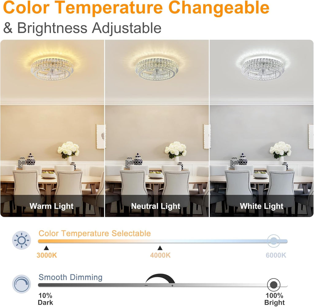 Fandelier Ceiling Fan with Lights and Remote Control Dimmable Crystal Ceiling Fan LED 3 Color 6 Speeds Chandelier Fan