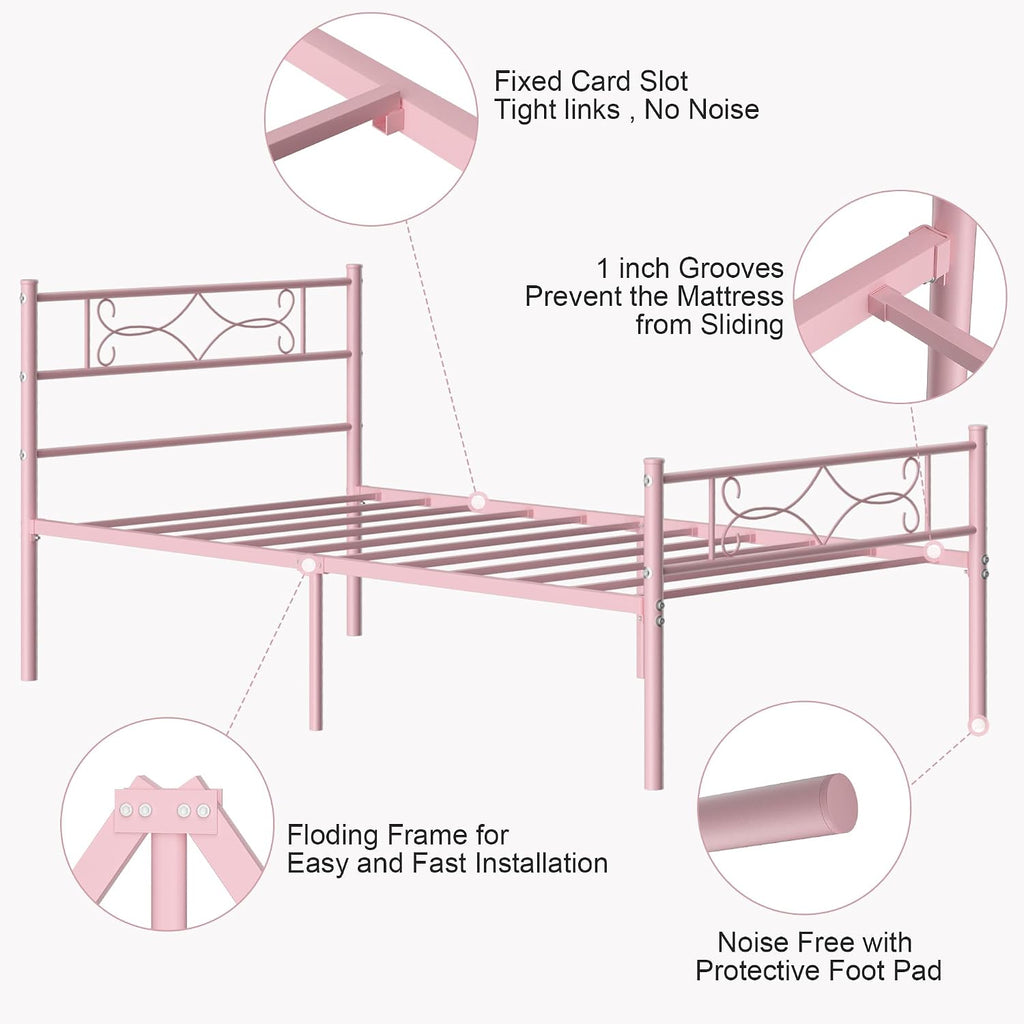 14" Twin Size Pink Metal Platform Bed Frame with Headboard for Kids,Premium Steel Slat Support/No Box Spring