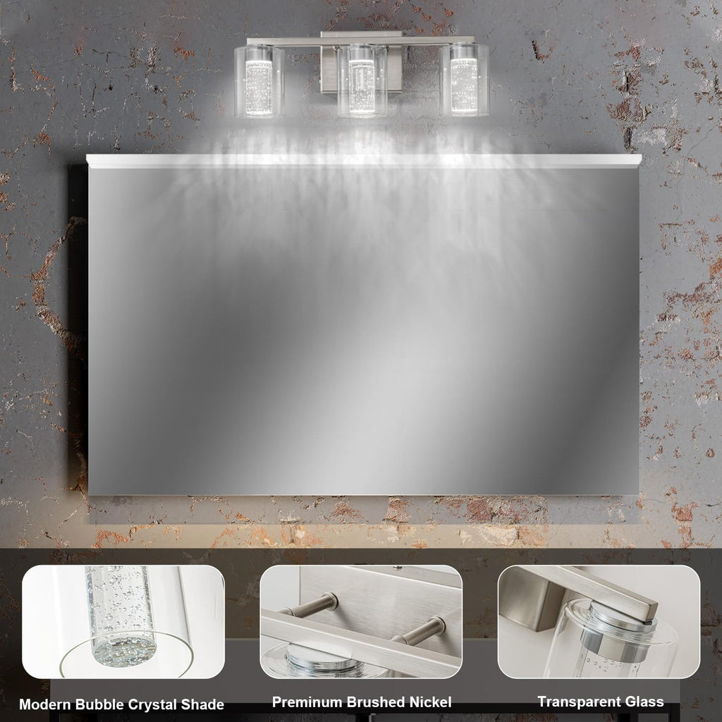3-Light Brushed Nickel Vanity Light with 3 Color Modes (3000K/4000K/6000K), Eye Protection LED Bathroom Light