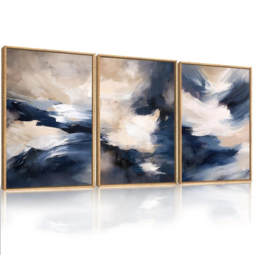 Blue Beige Abstract Wall Art Set of 3(24x36), Navy Brush Stroke Modern Art Decor, Earth Tone Minimalist Shape Framed