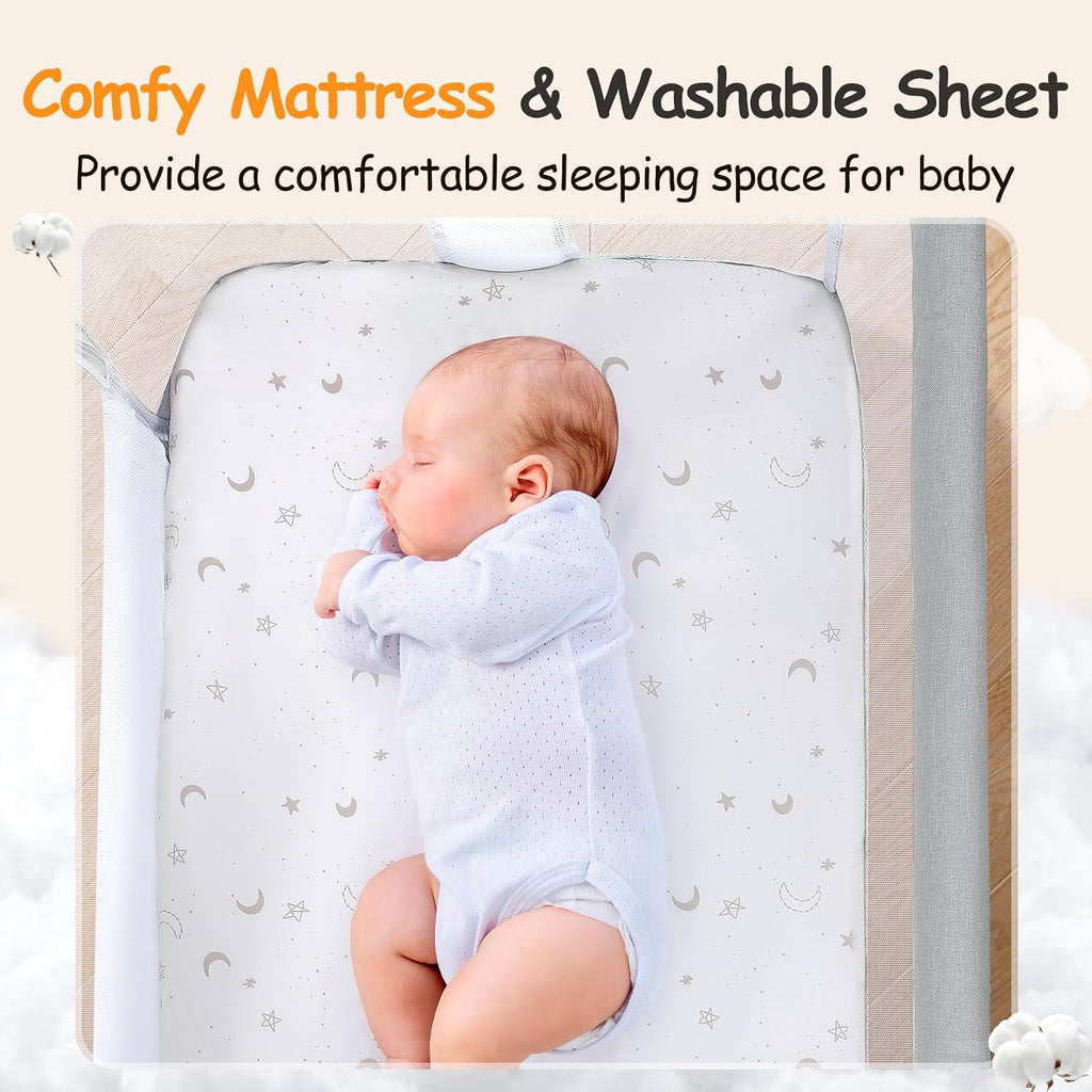 Bedside Bassinet for Baby, Portable Baby Bassinet Bedside Sleeper for Newborn Infants with Wheels Storage Basket