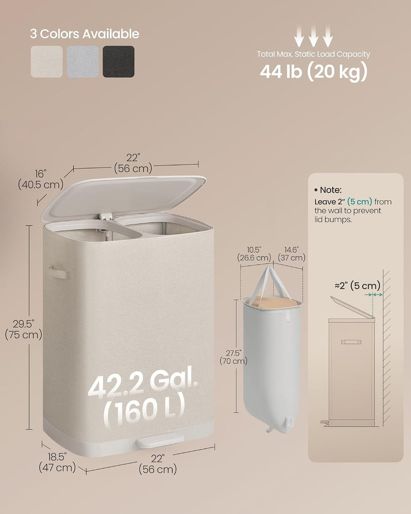 Laundry Basket with Lid, 42.2 Gallons, 2-Compartment Laundry Hamper with Handle and Pedal, Removable Liner, Easy
