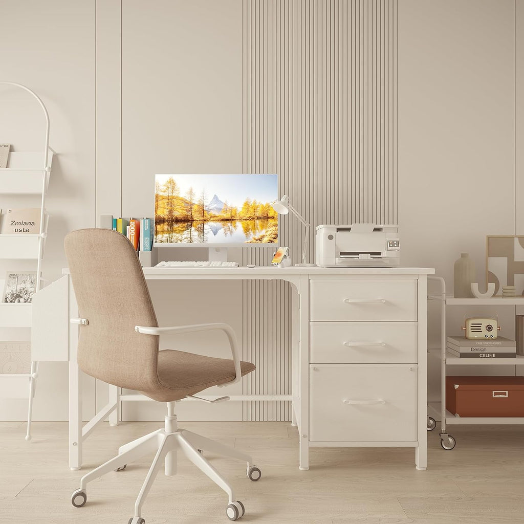 White Desk with File Drawers Cabinet, 47 Inch Reversible Computer Desk with Fabric Filing Cabinet Small Space Home