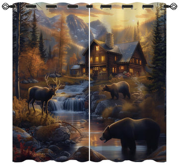 Rustic Cabin Blackout Curtains for Girls Boy Home Decor, Vintage Lodge Bear Moose Deer Country Grommet Thermal
