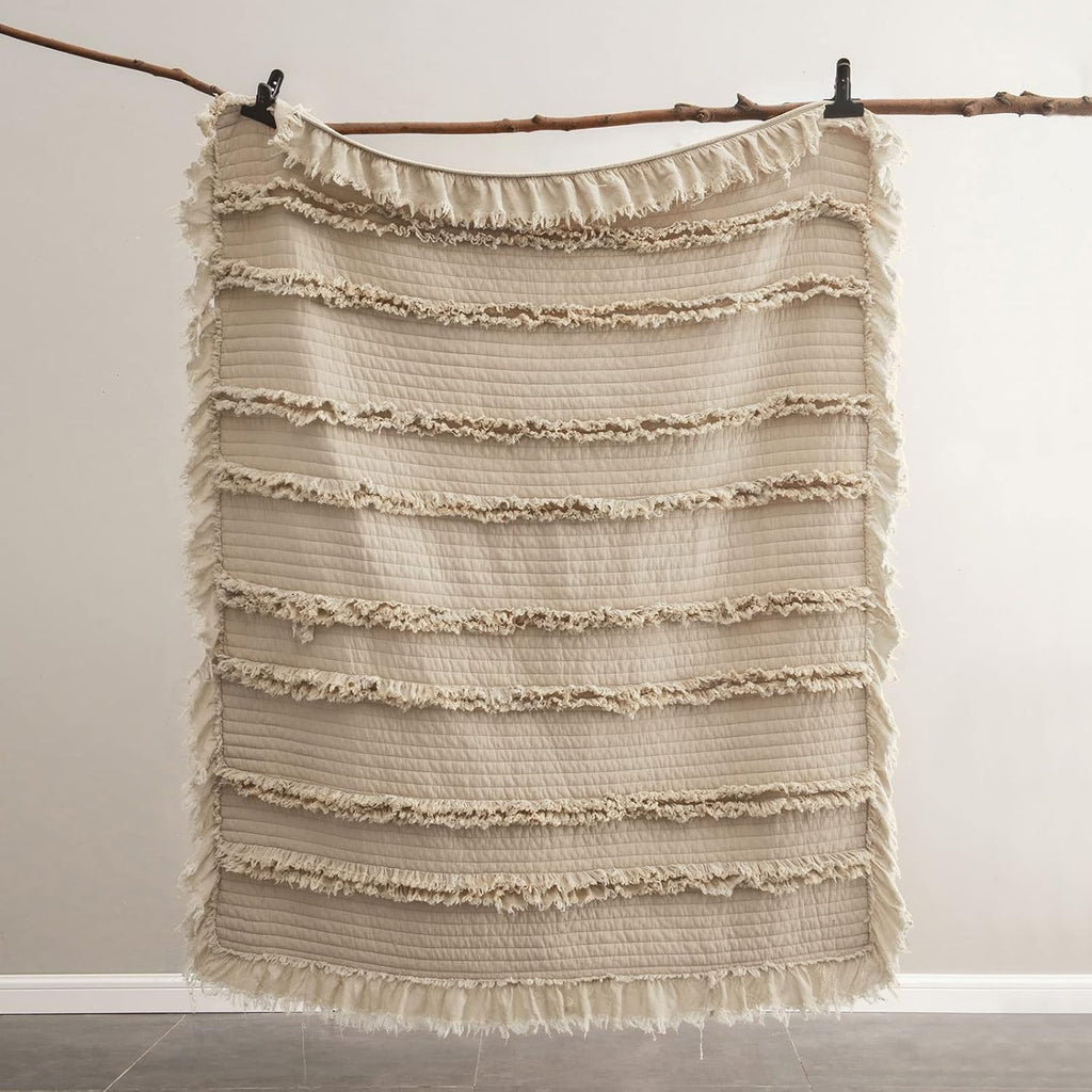 Ultra Soft Pre-Washed Quilted Boho Throw Blanket, Ruffle Fringed Beige Decorative Throw, Stone Washed Chic Rustic