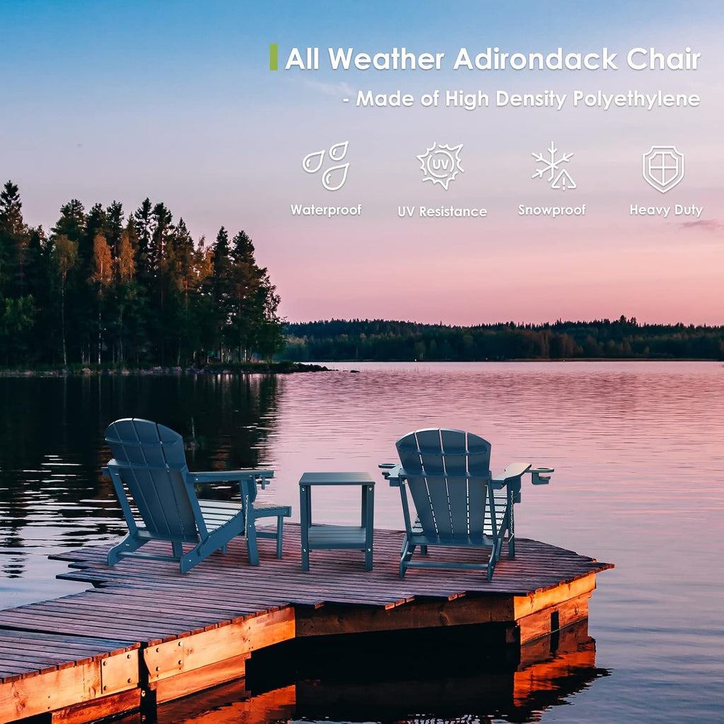 Folding Adirondack-Chairs-with-Ottoman Set of 2, HDPE, Blue | Retractable Foot Rest | Hidden Cup Holders | 5" Wide