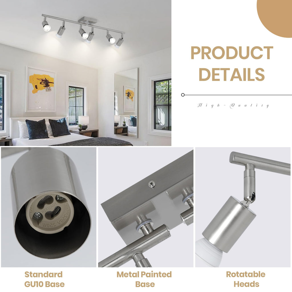 Track Lighting Kit, Brushed Nickel Ceiling Spotlight Bar, Rotatable Light Heads, GU10 Socket Track Light