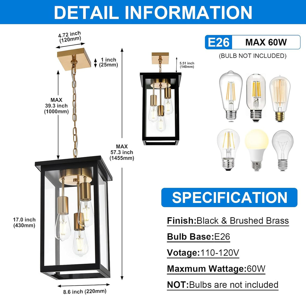 3-Lights Large Outdoor Pendant Light, Modern Black and Brass Exterior Hanging Porch Light with Clear Glass