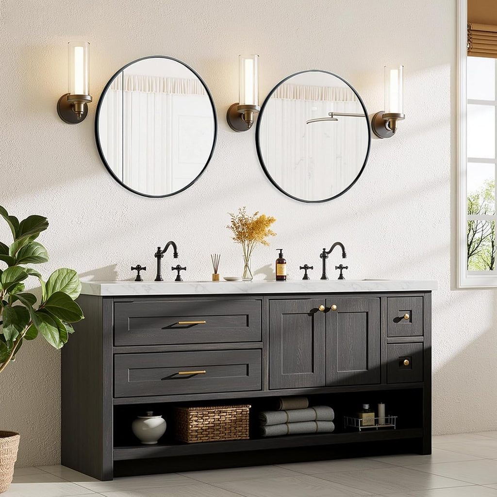 Bathroom Mirror for Wall, 24 Inch Round Mirror, Matte Black Metal Framed Circle Vanity Mirror Bedroom Living Room