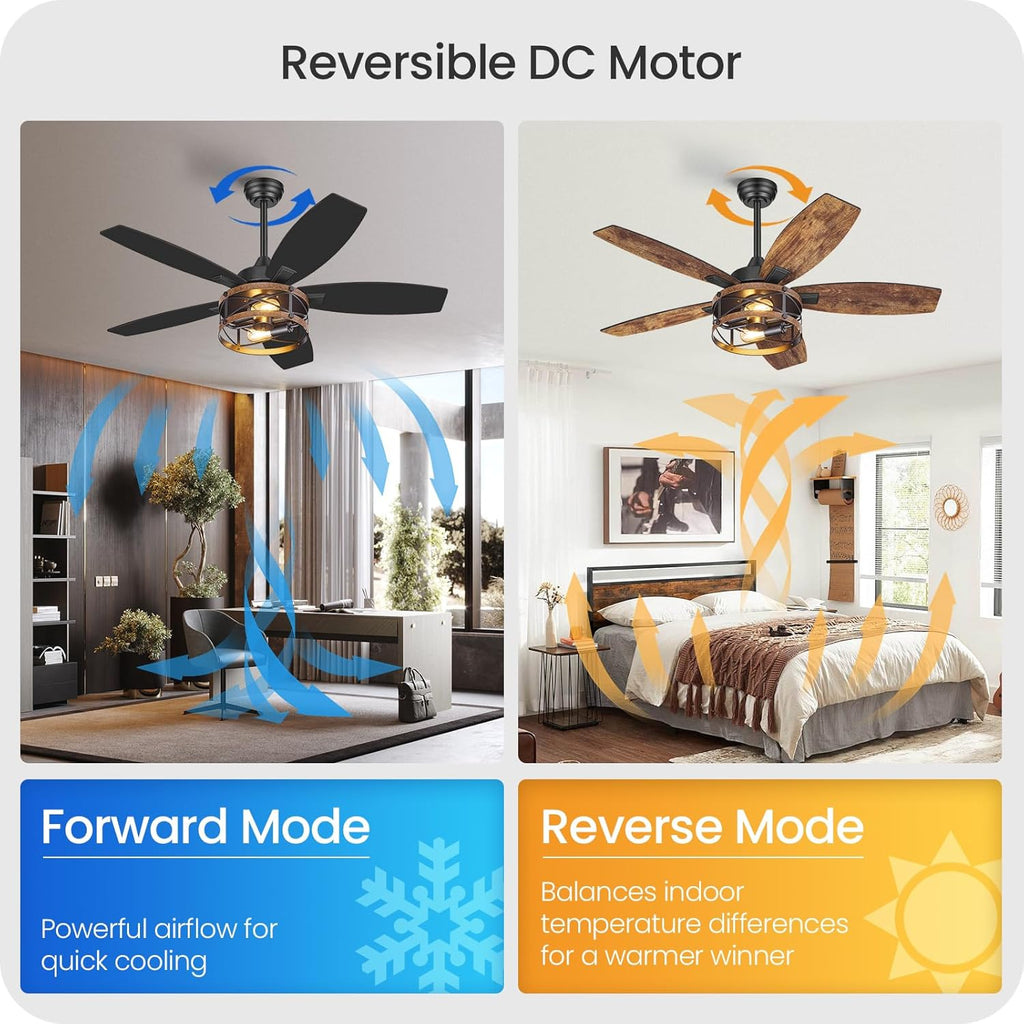 42 Inch Farmhouse Ceiling Fan with Lights and Remote, Timer, Dual Finish 5 Blades (Rustic Brown and Black), 6 Speeds