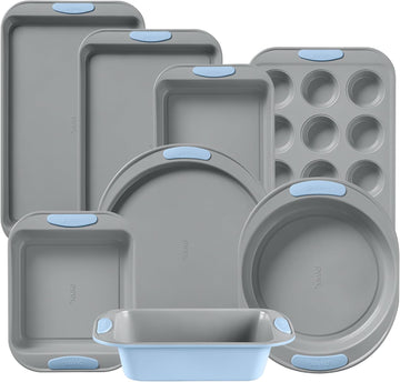 8-Piece Metal Bakeware Set with Heatsafe Silicone Handles, Cerulean | Lightweight stainless steel trays with heatsafe