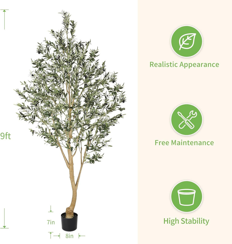 Tall Faux Olive Tree 9ft with Thick Trunk & Realistic Leaves