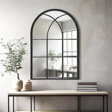 Arched Window Wall Mirror, 30"x20" Windowpane Mirror, Black