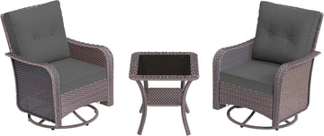 3 Piece Wicker Swivel Rocking Chair Set, Outdoor Patio Glider Chair with Glass Top Coffee Table, Conversation