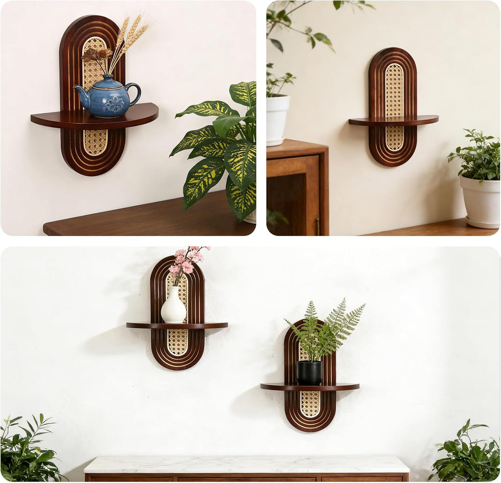 Small Floating Shelf for Wall, Decorative Shelf Set of 2, Boho Shelves Room (Walnut)