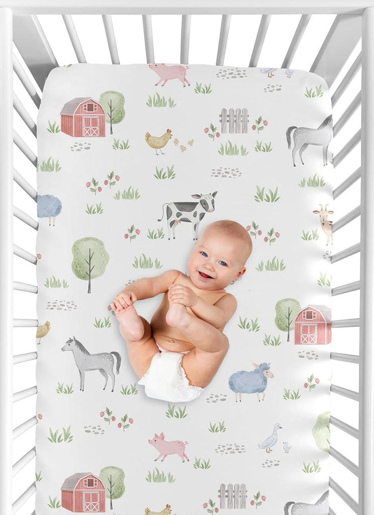 2-Piece Baby Crib Sheets Set (Farm Animals) for Boys or Girls, Infant Nursery, Toddler Room - Standard Size (Neutral