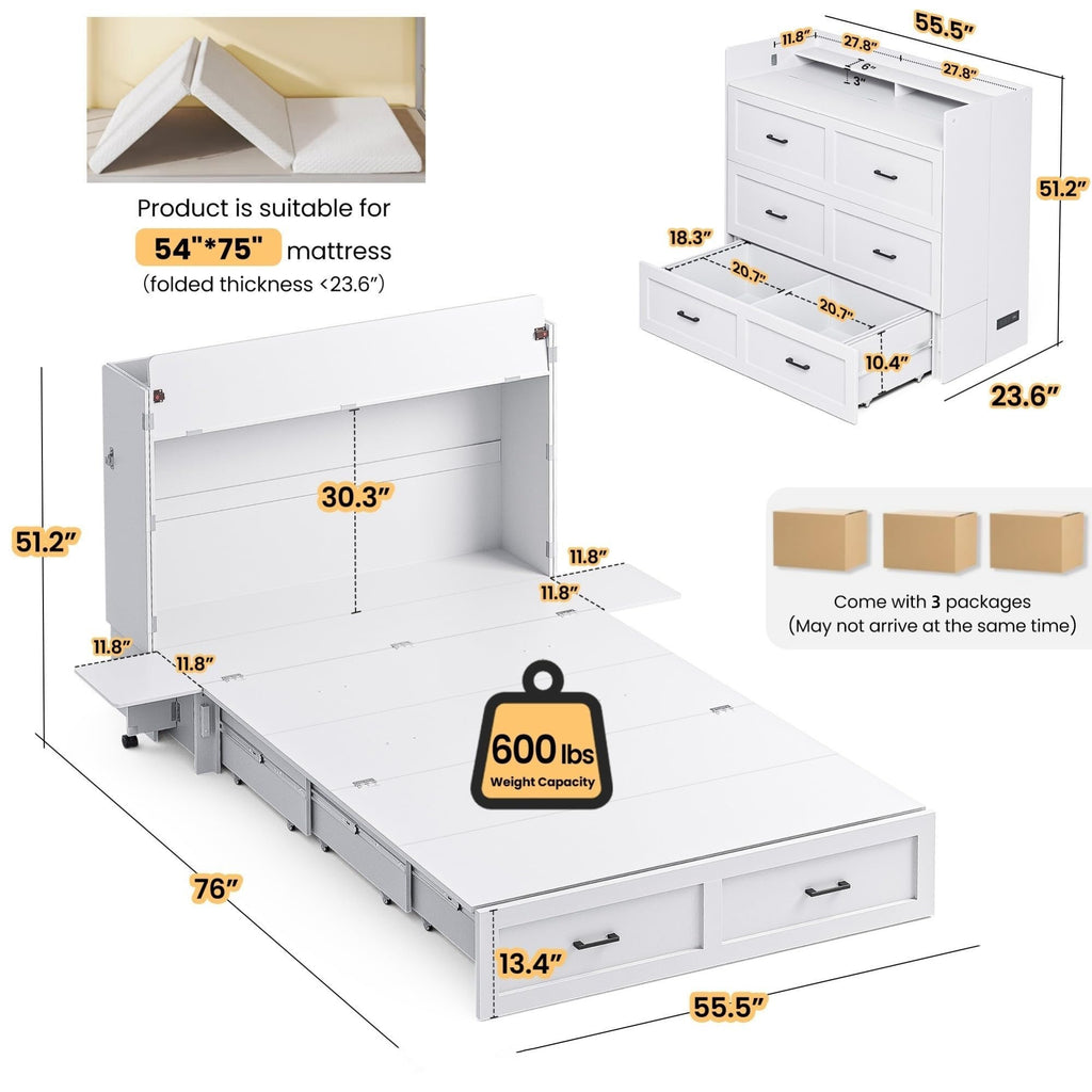 Murphy Bed with Motion Sensor Lights, Full Size Murphy Cabinet Bed Hideaway Bed with Storage & Charging Station