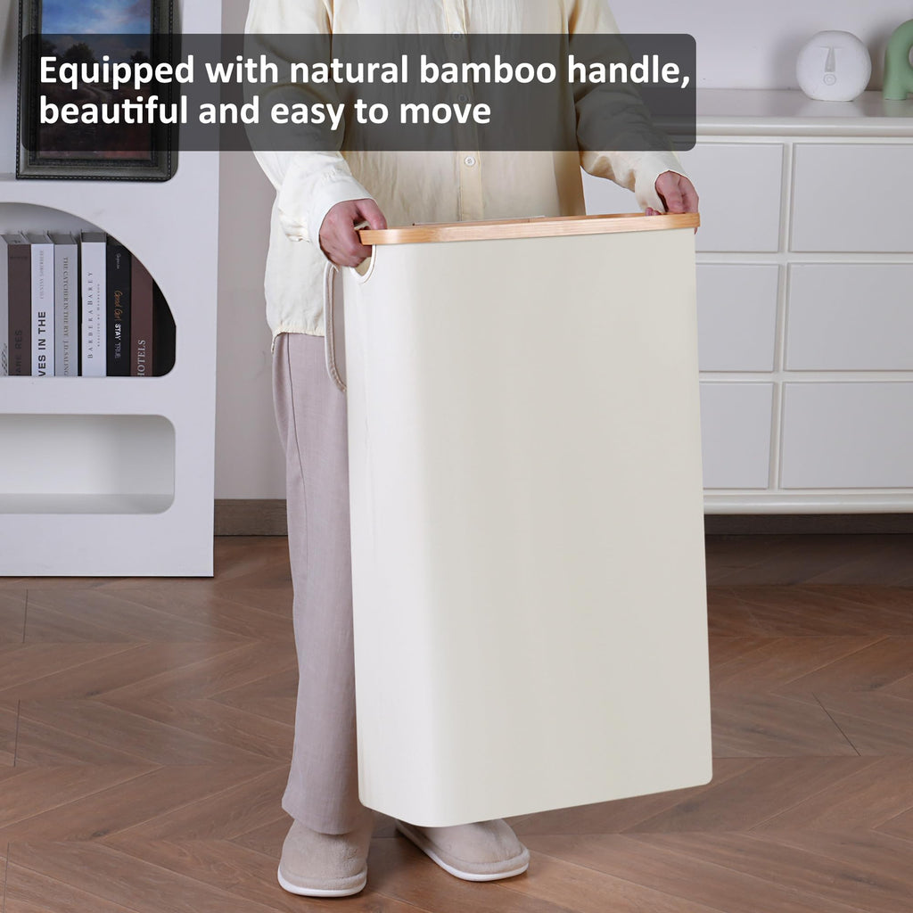 Slim Laundry Hamper,Narrow laundry Hamper with Lid,60L Hamper for Laundry,Dirty Cloth Hamper with Bamboo Handle for
