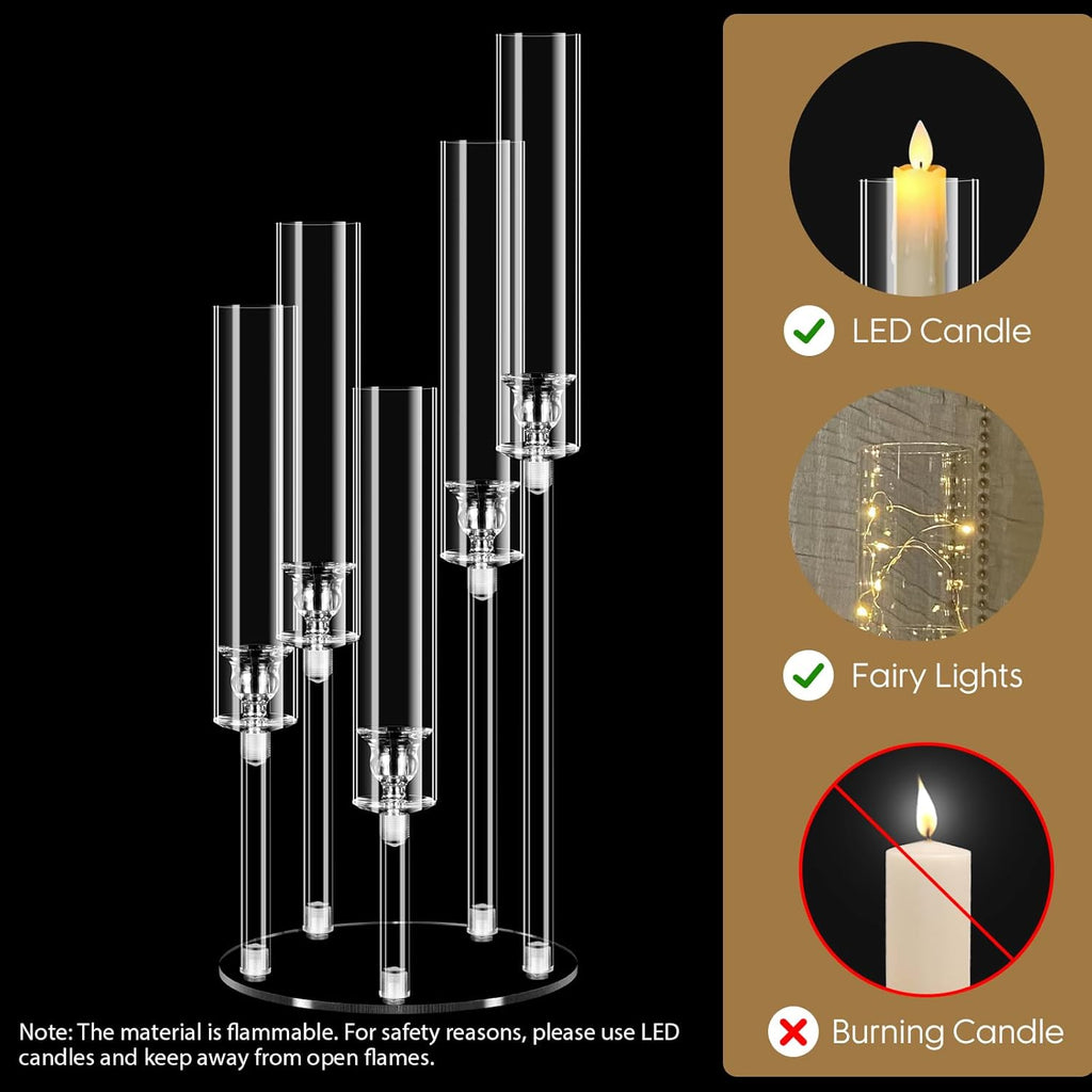 5 Arm Acrylic Candelabra Centerpieces for Tables,4 Sets Clear Candle Holder,Table Decorations,22.8" Tall Candlestick