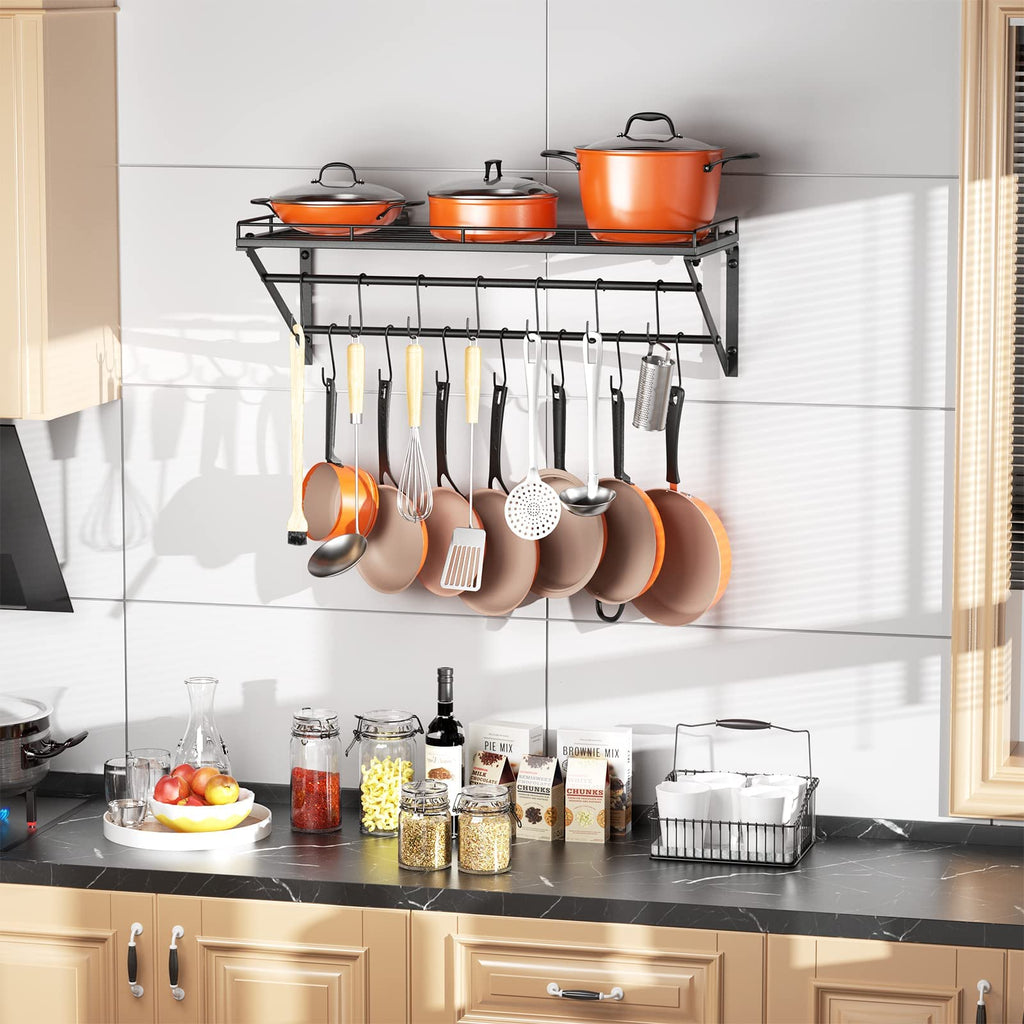 31" Pot Rack Wall Mounted, Pot Organizer with 2 Tier Hanging Rails