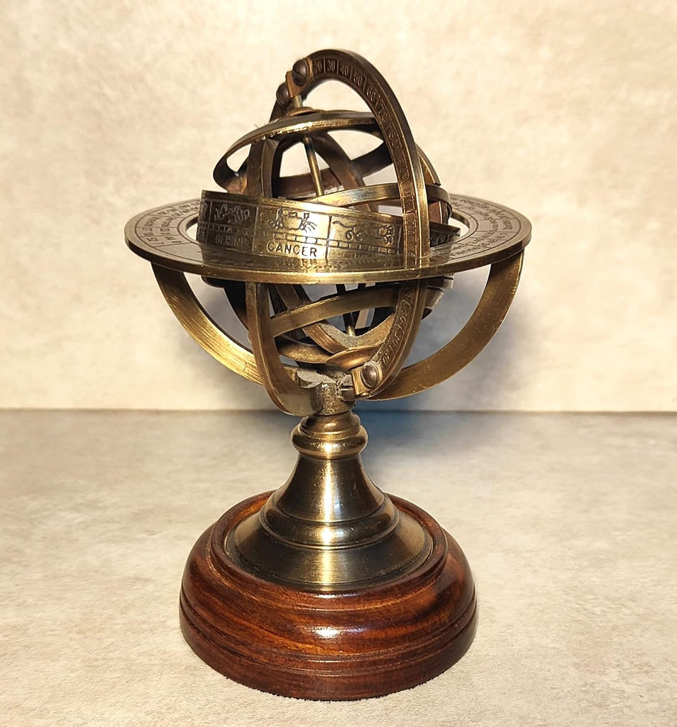 Antique Brass 6" Decorative Armillary Sphere Globe Astrolabe Zodiac Engraved Celestial Globe Wooden Base