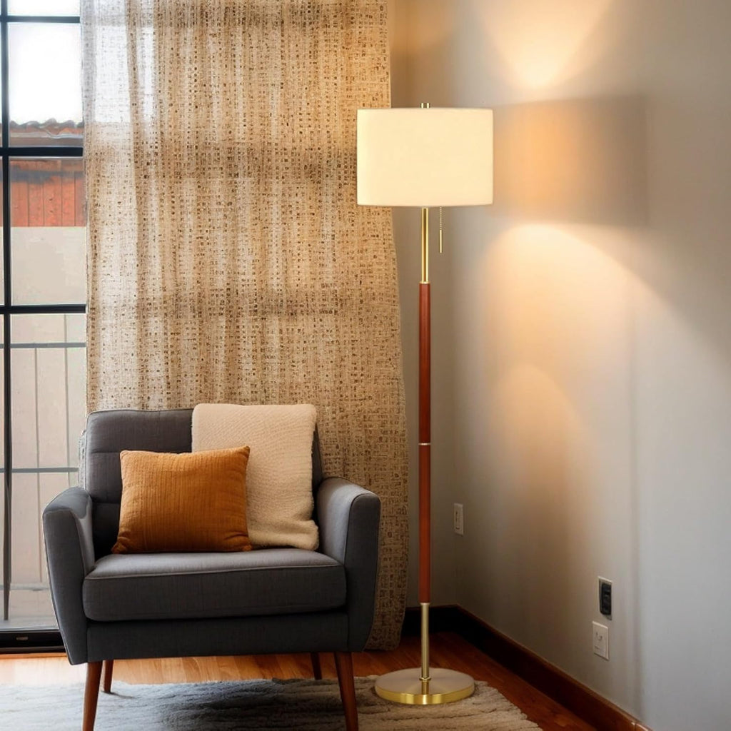 62" Walnut Gold Floor Lamp, 1200LM 3-Way Dimmable Mid Century Modern Floor Lamp Office