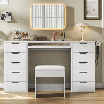55" Vanity Desk Without Mirror, 10-Drawer Glass Top Makeup Vanity with Slide-Out Tray & Charging Station, Vanity Set