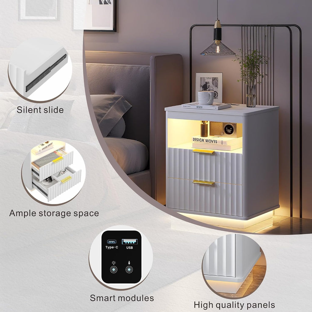 Nightstand Set 2 with LED Light & Charging Station, White | 2 Drawers, Open storage space, Smart Bedside Table, Human
