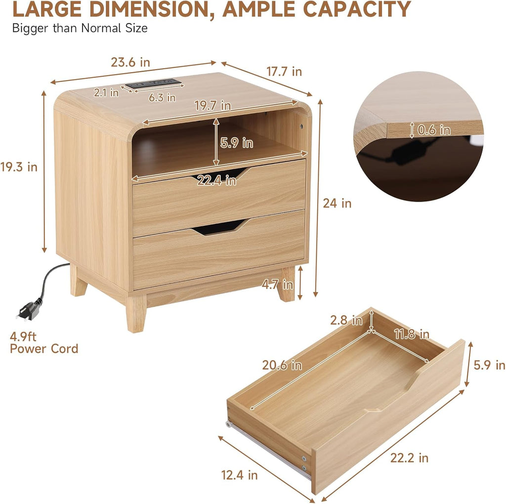 Nightstand with Charging Station, Modern Night Stand with LED Light, 23.6" Wide Wood Bed Side Table Bedroom, Large