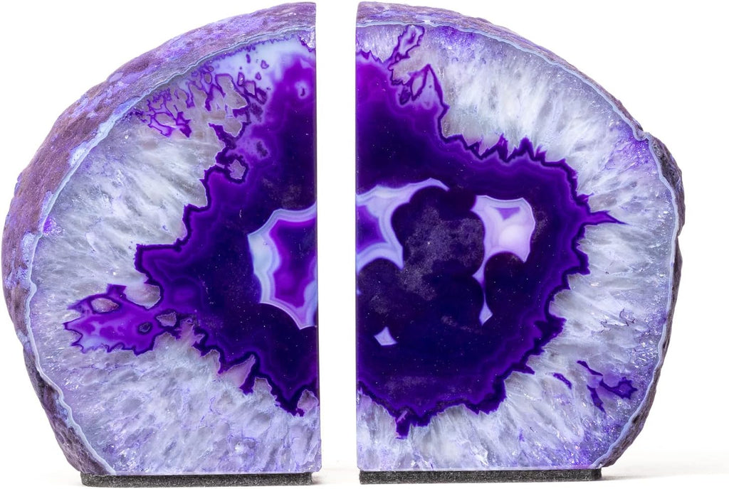 Agate Geode Bookends - Polished Crystal Stone Decorative Bookends Décor (8-10 lb, Purple)