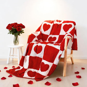 Valentine's Day Knit Throw Blanket 50 x 60 Inch Reversible Pink Red White Checkered Love Heart Plush Flannel Blankets