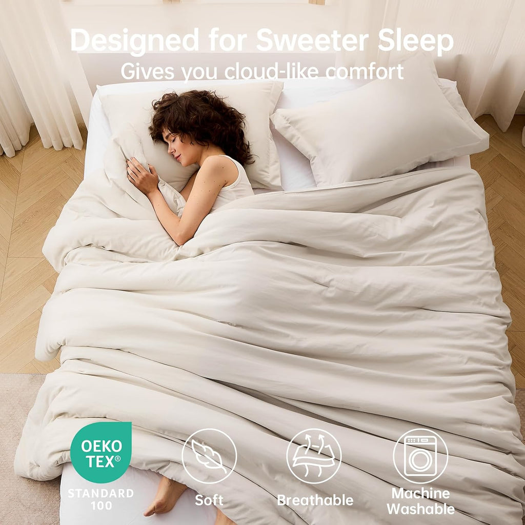 Comforter Set Beige, 3 Piece Solid Bedding for All Seasons