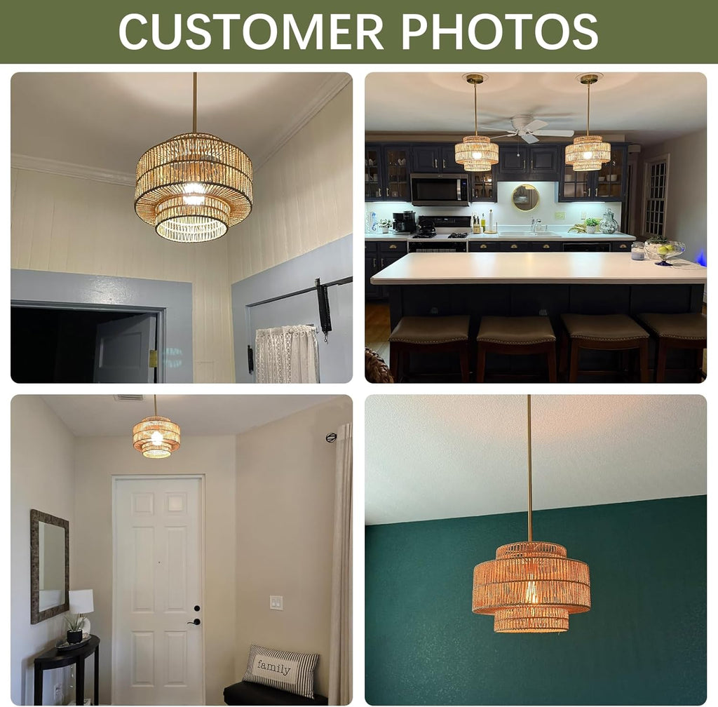 12.4" Boho Rattan Chandelier Light Fixture, 1-Light Hand Woven Pendant Light Fixture Farmhouse Rustic Hanging Lamp