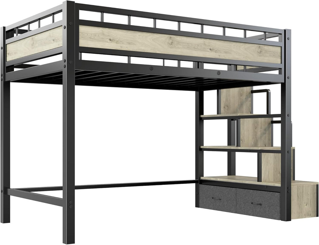 Loft Bed Twin with Stairs, 53.5” Under-Space for Sofa and Desk, More Stable and Safe Industrial Metal Frame for Teens