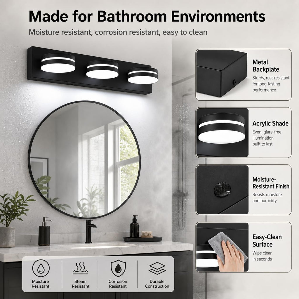 3-Light Bathroom Vanity Light Over Mirror, (24inch Dimmable) Matte Black LED Vanity Lighting Fixtures, Modern