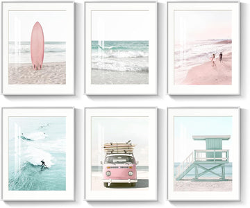 Framed Coastal Beach Wall Art , 6 Piece Ocean Wave Surfboard Beachy Canvas Artworks, Pink and Aqua Green Seascape