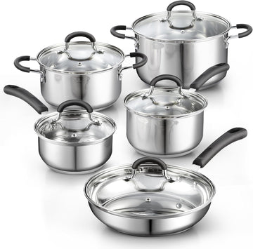 Professional Stainless Steel Cookware Set, 10-Piece | Pots and Pans Kitchen Cooking Set with Stay-Cool Handles