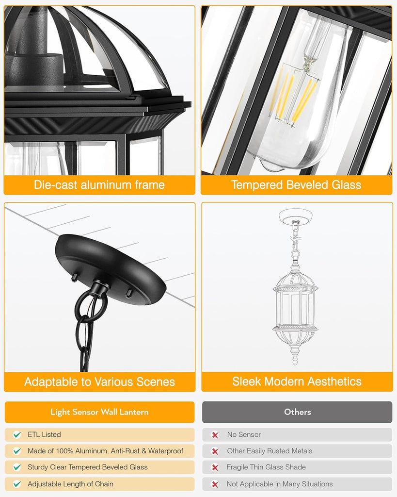 20" Large Outdoor Pendant Light, Black Outdoor Chandelier for Porch with Tempered Beveled Glass