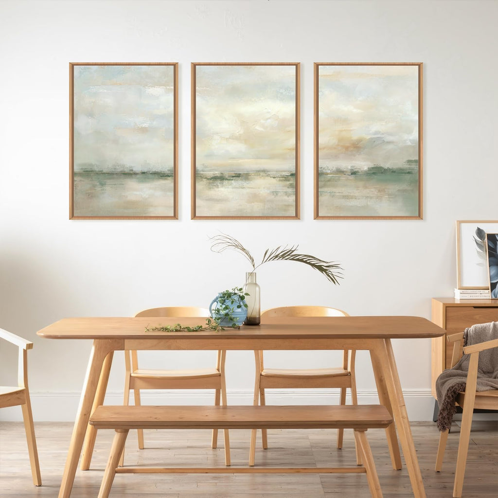 Large Abstract Green Gray Pastel Framed Canvas Wall Art,Neutral Landscape Wall Decor,Modern Watercolor Lake