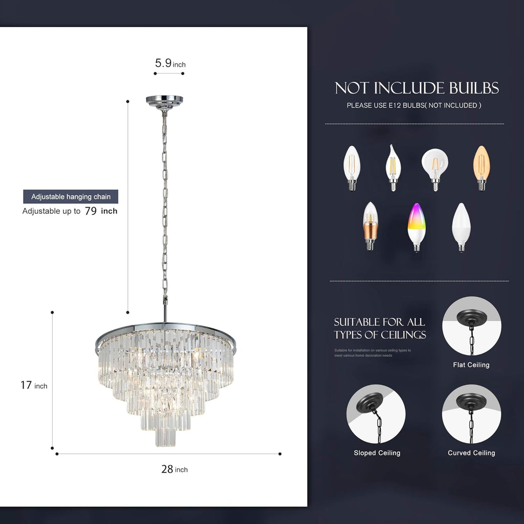 Inspired Odeon Style 10-Light Chrome Crystal 5-Tier Modern Chandelier W28"