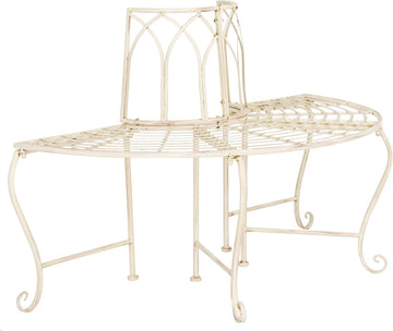 Outdoor - Abia Iron Tree Bench - Distressed White Iron Metal - Vintage Scrollwork Garden Design - Ideal , Deck