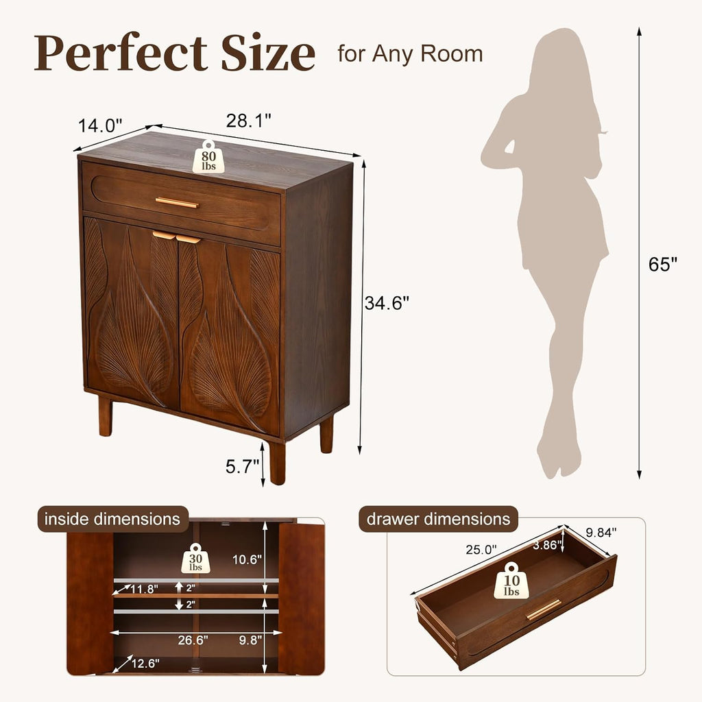 Mid Century Modern Accent Cabinet with Drawer and Carved Leaf Pattern Doors, Storage Sideboard Cabinet with