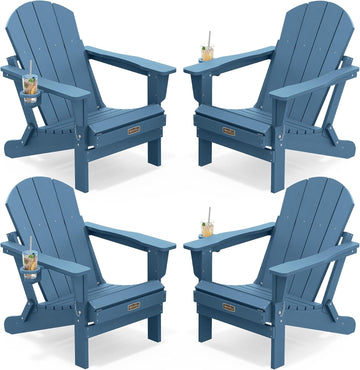 Folding Adirondack Chair Set of 4 with Cup Holder for Fire Pit-Blue | Foldable Adirondack Chairs Garden Outdoor