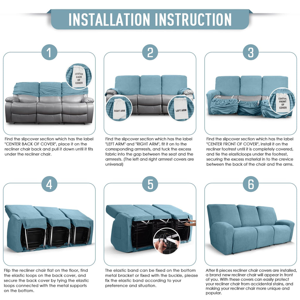 Stretch Recliner Sofa Covers 8 Piece, Dusty Blue