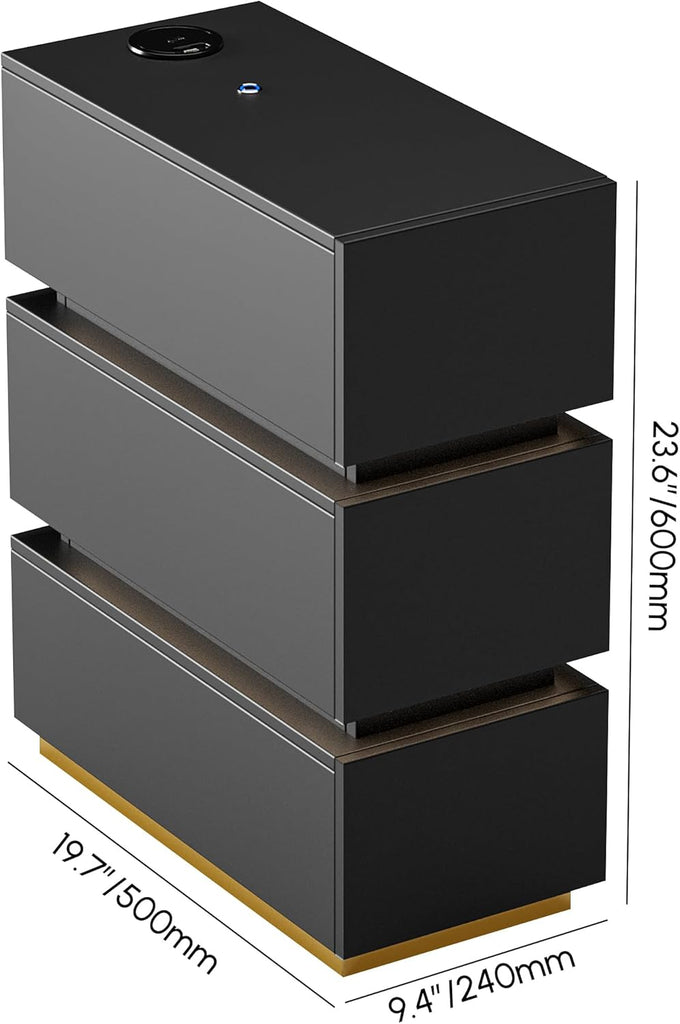 Narrow Smart Nightstand with Wireless Charging, USB & Type-C Ports, Modern LED Bedside Table with 3 Drawers, Black