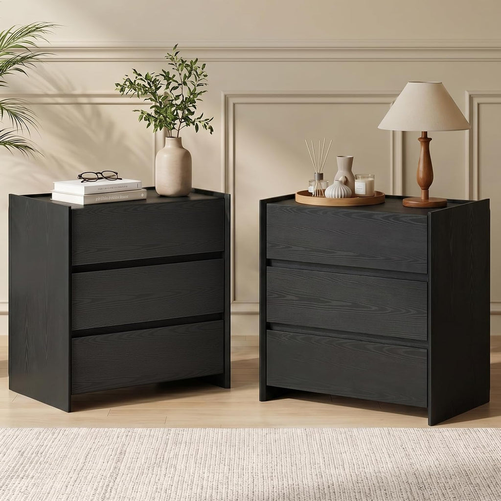 Black Night Stand with 3 Drawer, Modern Wood Nightstand with Spacious Storage, Smooth Glide Drawers Sturdy Bedside