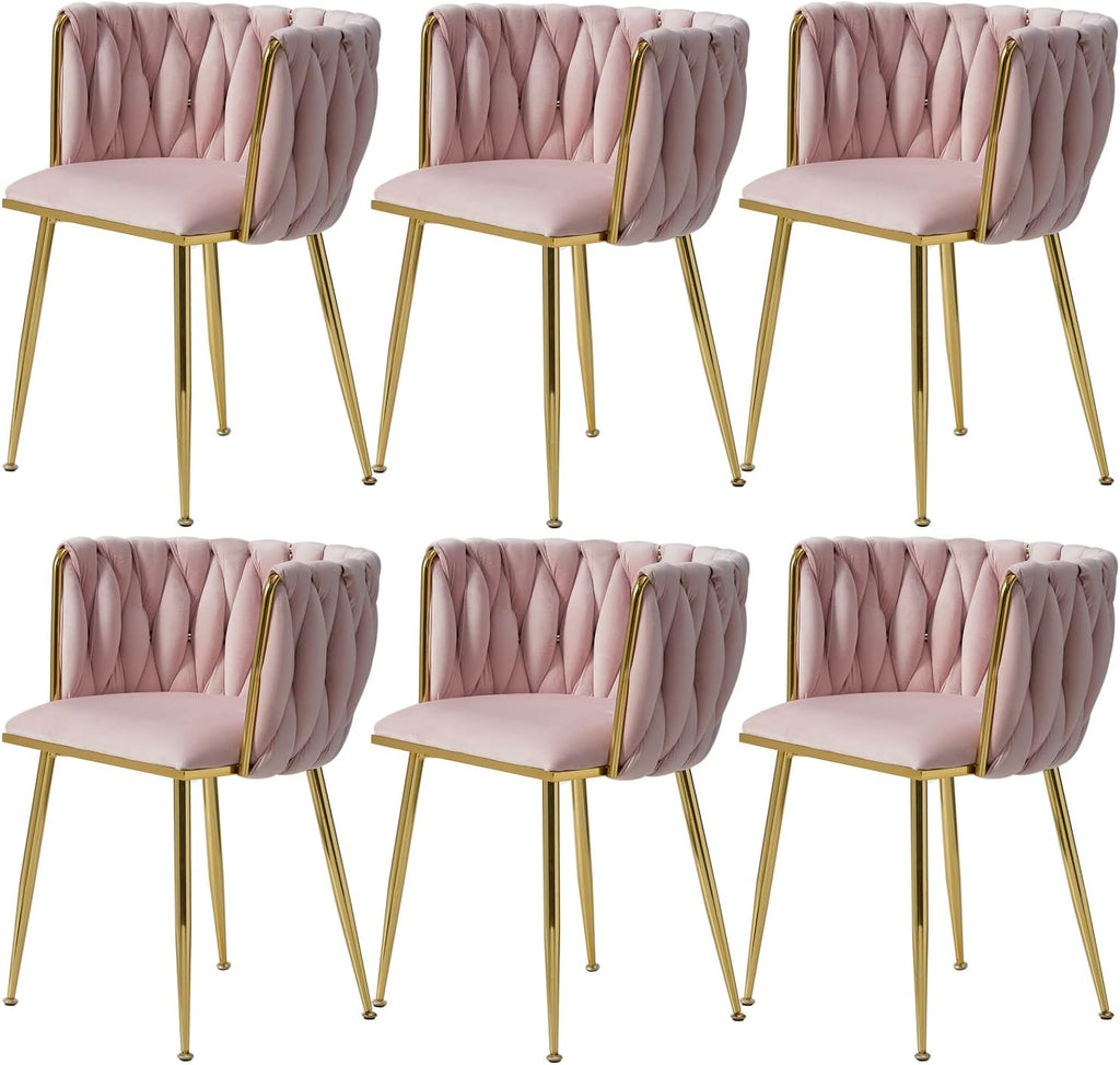 Woven Velvet Dining Chairs Set of 6, Upholstered Accent Chairs with Gold Metal Legs, Modern Dining Room Chairs, Pink