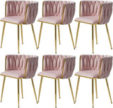 Woven Velvet Dining Chairs Set of 6, Upholstered Accent Chairs with Gold Metal Legs, Modern Dining Room Chairs, Pink