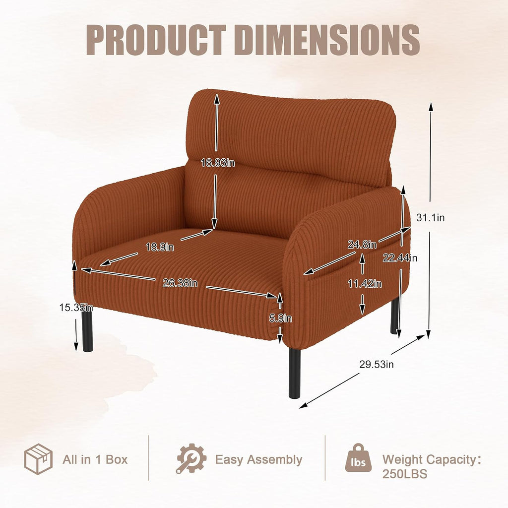 Accent Chair, Single Sofa Chair with Wingback, Corduroy Upholstered Reading Nook Armchair (Orange)