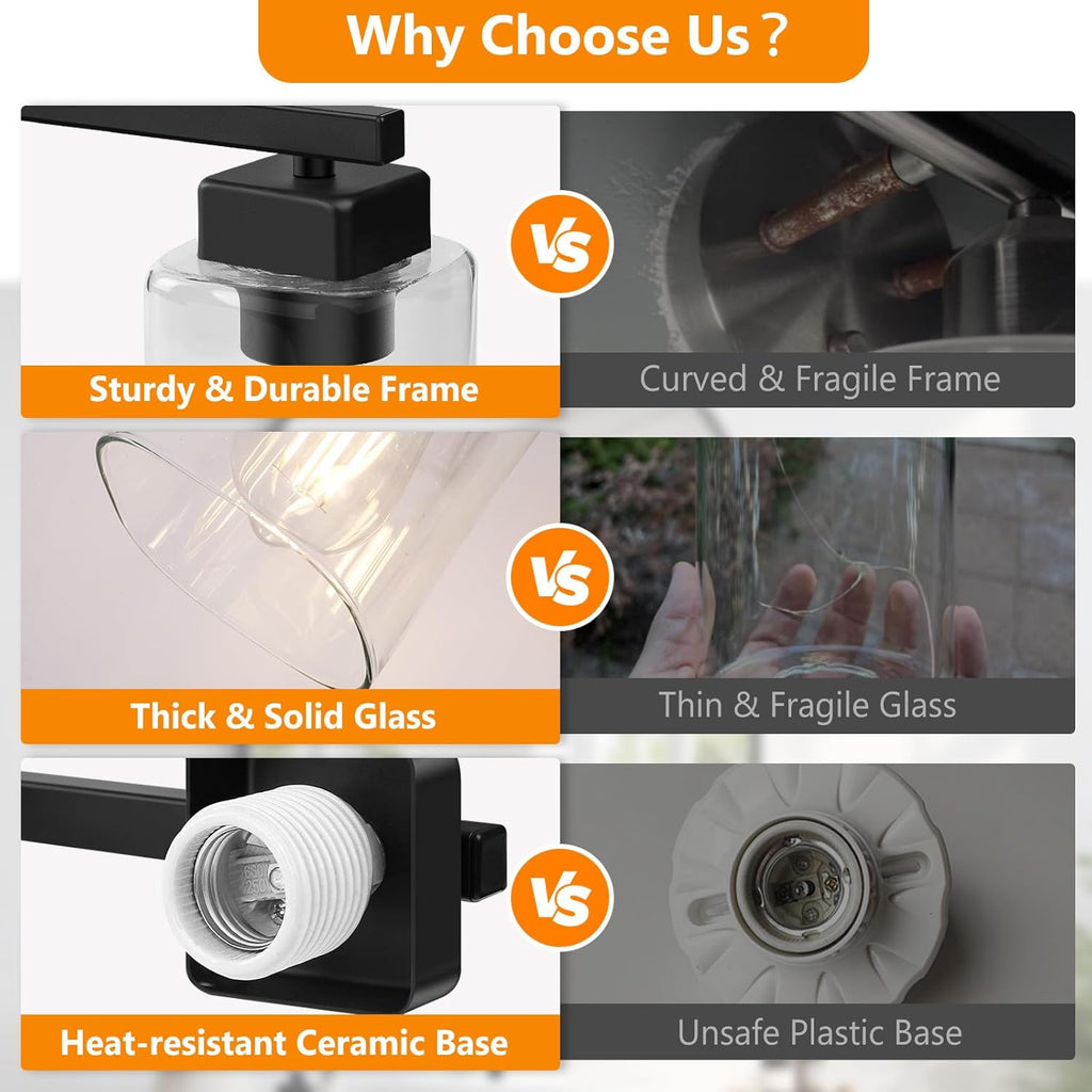 27" Bathroom Light Fixtures Over Mirror,4-Light Black Vanity Light | Square Clear Glass & Durable Metal, Quick & Easy